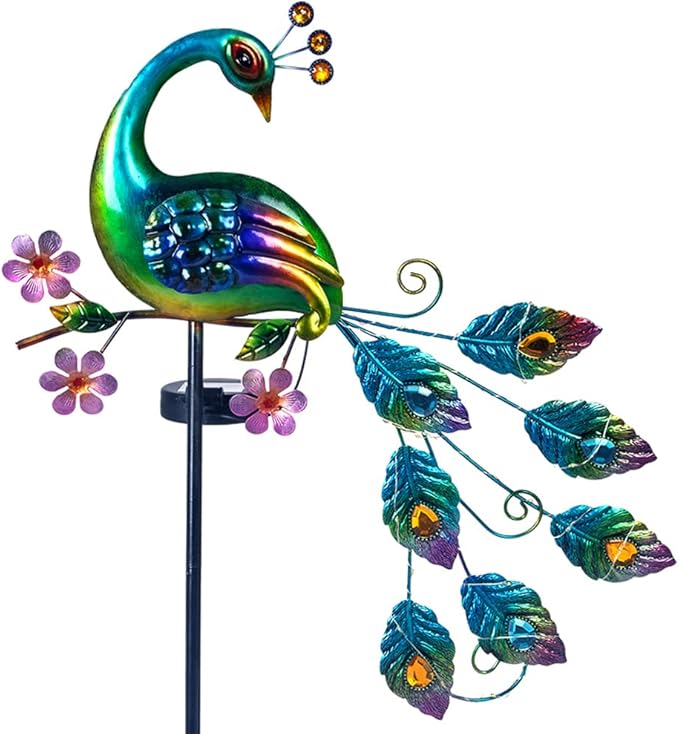 VEWOGARDEN Peacock Solar Lights Outdoor Metal Solar Garden Lights Solar Pathway Lights Outdoor Waterproof LED for Patio Lawn Yard Decorations