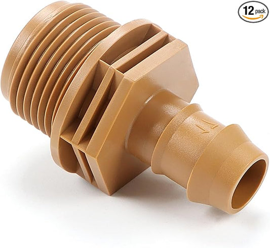 12 Pieces 3/4 Inch PVC to 1/2 Inch Drip Irrigation Adapter Fittings, 3/4" Male Pipe Thread(MPT) x 1/2" Drip Line Barbed Coupling Connectors 3/4-in PVC to 1/2-in Poly Tubing Adapter