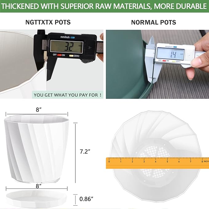 8 Inch Plant Pots with Drainage Holes and Saucers - Flower Pots for Indoor Plants - White Plastic Planters for Outdoor Plants - House Planting Pots Set