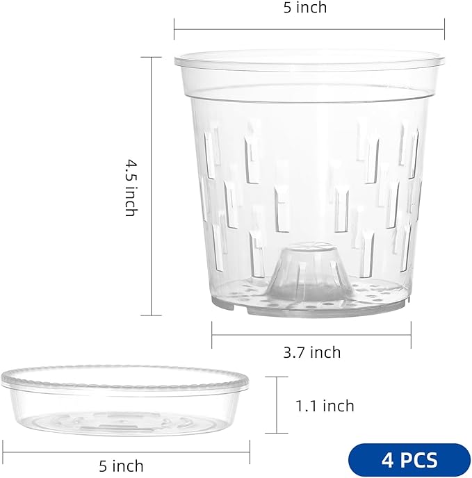 TRUEDAYS 4 Pack Orchid Pot with Saucers Garden Pot 5 Inch Clear Plastic Plant Pots with Drainage Holes for Indoor Outdoor Plants