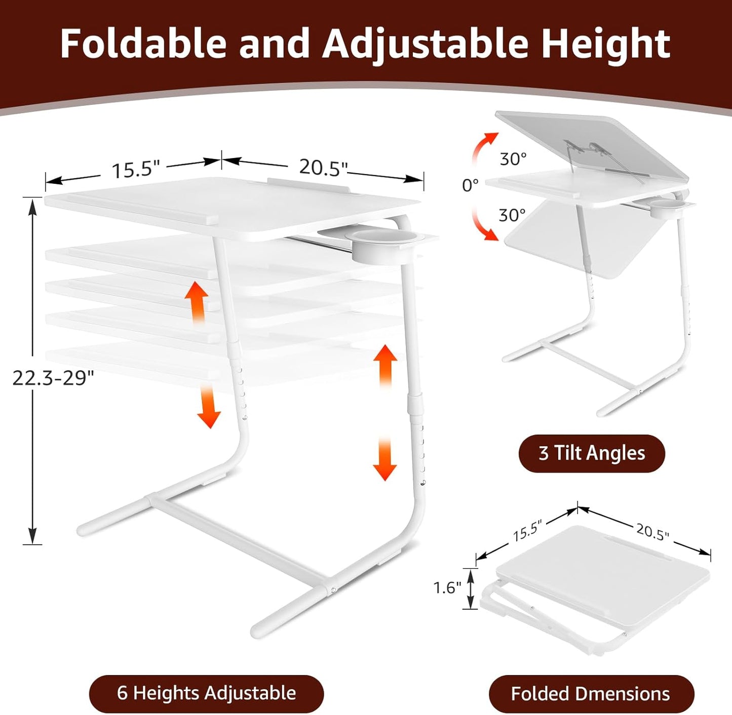 Adjustable TV Tray Folding Dinner - White Trays for Eating On Couch Wooden Tables Mate Stand Foldable Desk with Cup Holder Portable