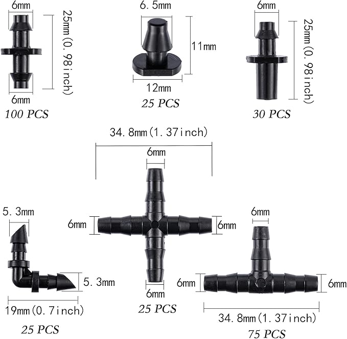 280 Pcs Barbed Connectors Irrigation Fittings Kit,Drip Irrigation Barbed Connectors 1/4''Tubing Fittings Kit for Flower Pot Garden Lawn(Straight Barbs,Single Barbs,Tees,Elbows,End Plug,4-Way Coupling)
