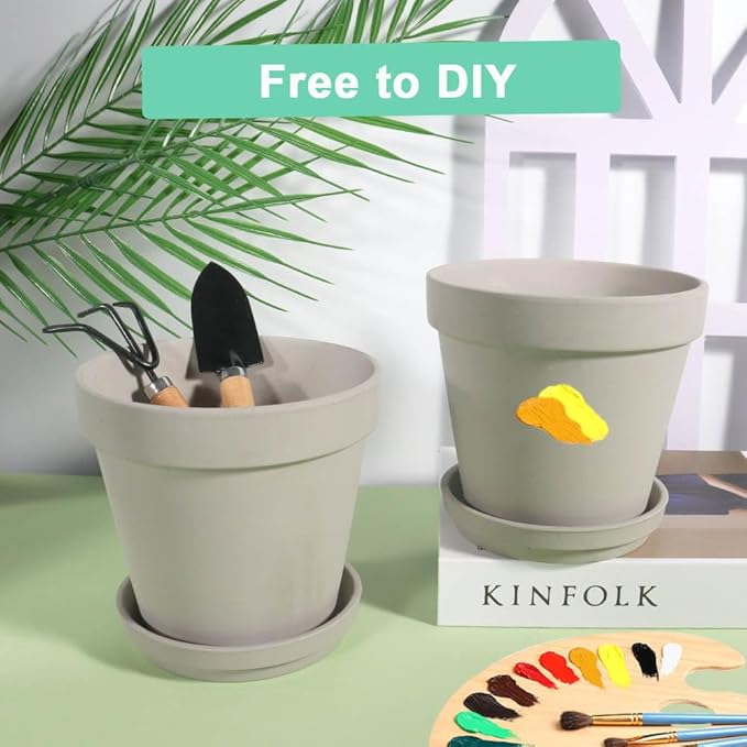 vensovo 6 Inch Grey Terracotta & Clay Pots for Plant with Saucer - 4 Pack Medium Terra Cotta Planter with Drainage Hole, Flowerpot for Indoor Outdoor Plants, Crafts, Wedding Favor