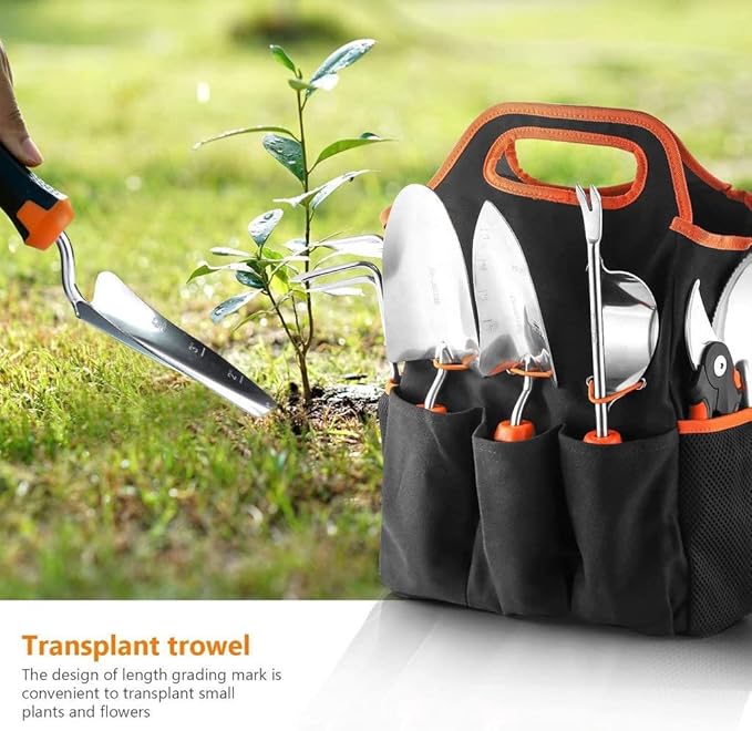 Garden Tool Set, 9 Pcs Stainless Steel Heavy Duty Garden Tool, Gardening Tools with Water Proof and Never Mould Tote, Gardening Gifts for Men and Women