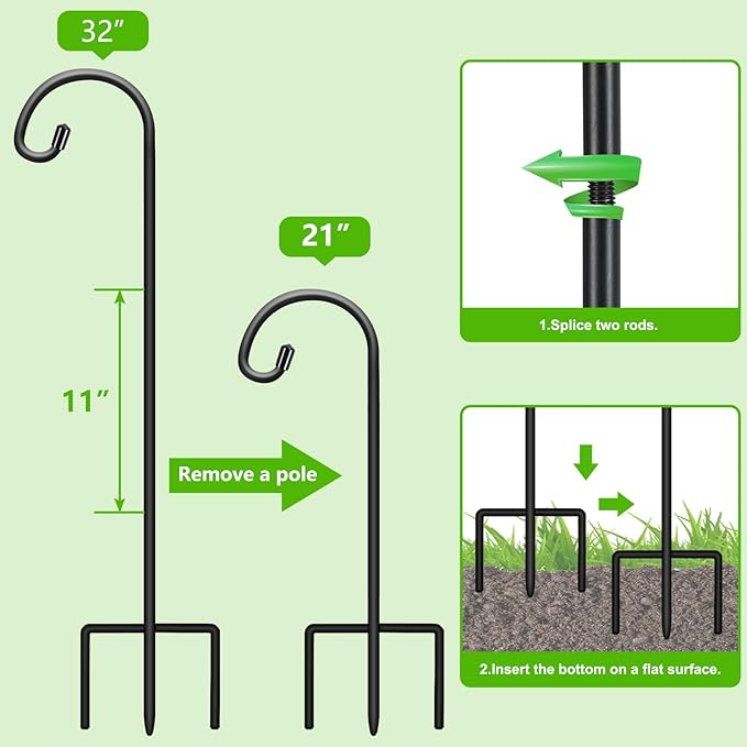 FEED GARDEN Adjustable 32 Inch Small Shepherd Hooks for Outdoor, Garden Hooks for Lanterns, Shepard Hooks for Hanging Plants, Bird Feeders, Solar Lights, Mason Jars, Weddings Decor,2 Pack