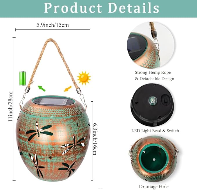 2 Pack Dragonfly Solar Lanterns Outdoor Waterproof, Hollow Out Metal Lantern Lights, Hanging Solar Lights for Yard, Patio, Porch, Garden Decor, Outdoor Decoration LED Lantern for Yard, Garden