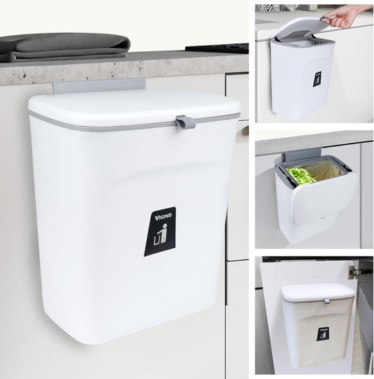 9L/2.4 Gallon Hanging Trash Can for Kitchen Cabinet Door with Lid, Small Under Sink Garbage Can,Trash Bin for Bathroom,Wall Mounted Counter Waste Kitchen Compost Bin,Plastic (White)
