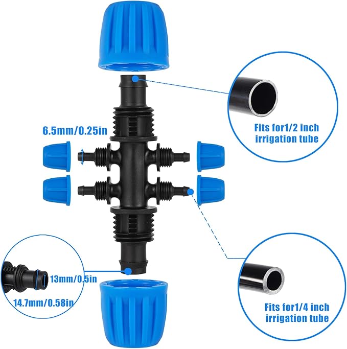 10 Pcs Barbed Tee 1/2 inch Tubing (1/2" ID x0.6-0.63" OD) 16mm to 1/4 inch Irrigation Tube Anti-Drop Quality Fitting (Fits 13mm ID / 4mm ID) (6-way lock Buckle Blue)