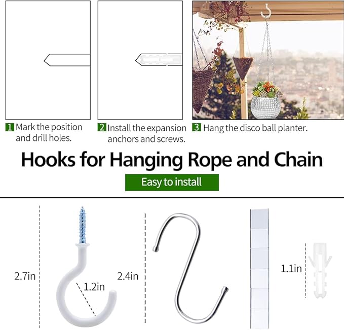 4"/6"/8"/9"/10" Disco Ball Planter, Disco Ball Plant Hanger with Hanging Rope, Hanging Chain, Hook, Circle and Extra Mirror Pieces (6" Silver, 1pcs)