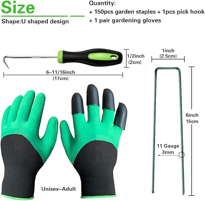 Bakulyor 150Pcs Green Landscape Staples 6 Inch Garden Artificial Turf Stakes Staples, 11 Gauge Lawn Galvanized Ground Fabric Pins for Weed Barrier Sod Decorations Holding Fence and Irrigation Tubing