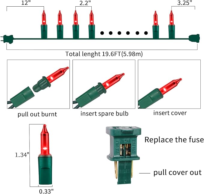 Ultra-Bright Connects End to End Red Christmas Mini Lights 100L 19.6Ft UL Listed Incandescent Bulb String Light Set for Indoor and Outdoor Holiday Garden Party Christmas Tree Garland Decor