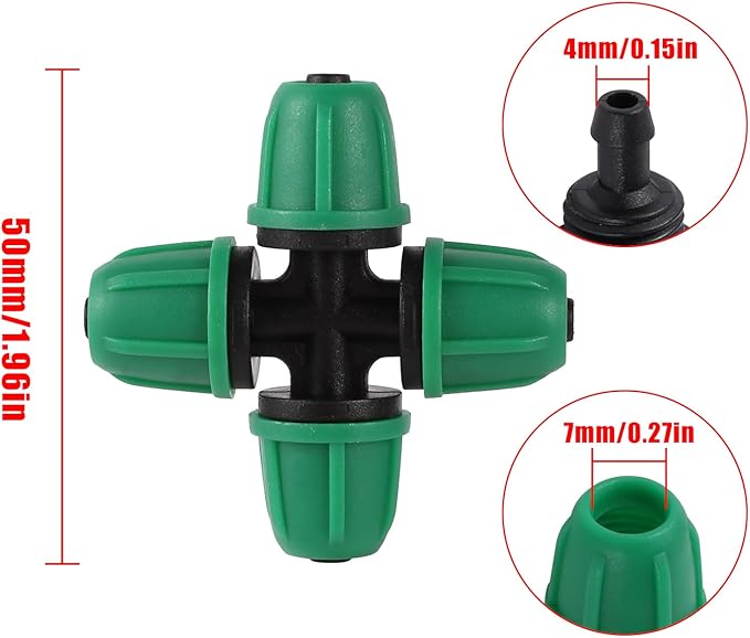 1/4 inch Drip Irrigation Fittings, Lock Barbed 4 Way Couplings for ¼ in. tubing; Tubing Outside Diameter (OD) is 0.250 in., Internal Diameter (ID) is 0.170. in.(20Pcs/Pack)(Green-4-Way)