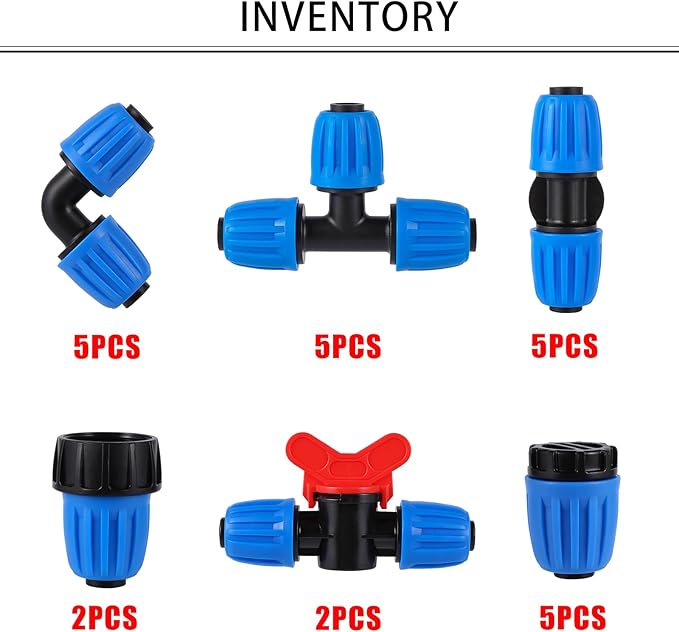 24 PCS Drip Irrigation Fittings Kit Blue Lock Barbed Connectors For 1/2 Inch 16MM Tubing (OD 0.620 in.ID is 0.520. in), 5 Tees,5 Straight,2 Switch Valves,5 End Cap,5 Elbows,2 Adapter