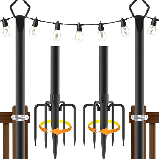 10Ft String Light Poles 2 Pack,Light Poles for Outside Lights,Outdoor with Fence Brackets Hanging Lights,Metal Stand Deck Patio Backyard