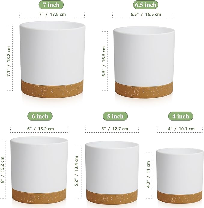 5 Pack Cylindrical Flower Pots with 7/6.5/6/5/4 inch, Modern Small Plastic Plant Pots with Drainage Holes & Saucers, Round Planter Pots for Outdoor, Indoor & Office Decor (White Brown)