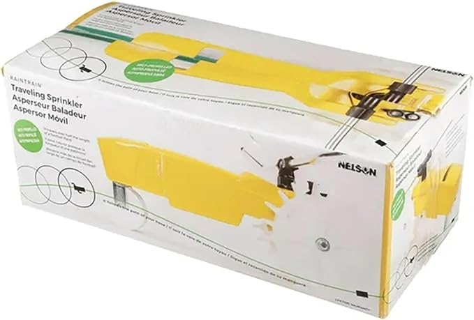 Nelson Rain Train Traveling Sprinkler for Yard, Heavy Duty Rotating Lawn Sprinkler with Large Area Coverage, Yellow