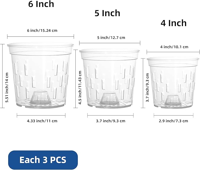 TRUEDAYS Orchid Pot - 9 Pack 4/5/6 Inch Clear Plastic Orchid Plant Pots with Drainage Holes for Indoor Outdoor Live Plants for Repotting