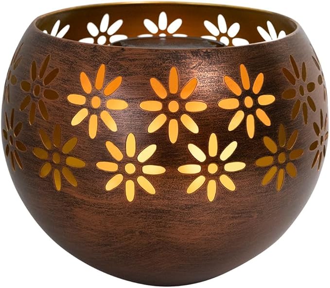 Original Solar Fire Bowl 8” (4-Pack) Decorative Metal Solar Patio Light with Flickering Flame, Waterproof Dusk-to-Dawn Garden Lantern in Bronze/Copper Finish