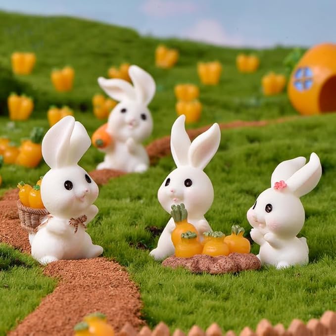 21Pcs Mini Rabbit and Carrot Figurines 1inch Cute Resin Bunny Cake Toppers for DIY Fairy Garden Dollhouse Moss Landscape Crafts Easter Decors