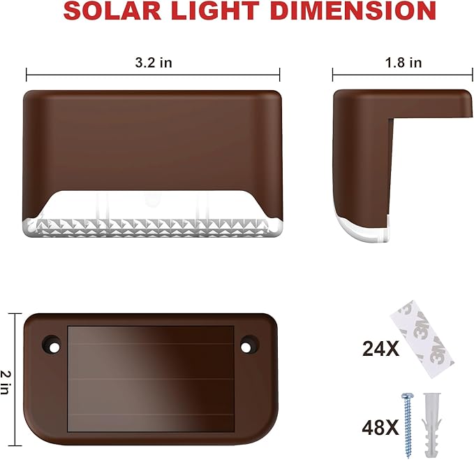 pearlstar 24 Pack Waterproof Led Solar Step Lights,Color Changing Light up Swimming Pool Accessories Night Lights,Outdoor Deck Lights for Stairs, Step, Fence, Yard, Patio, and Pathway Decor（Brown）