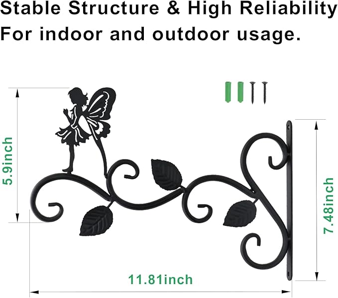 Hanging Plants Bracket 12" Angel Planter Outdoor Hooks Hangers for Flower Baskets Pot Bird Feeder Wind Chimes Lanterns Patio Garden Outdoor Indoor Metal Black, 2 Pack