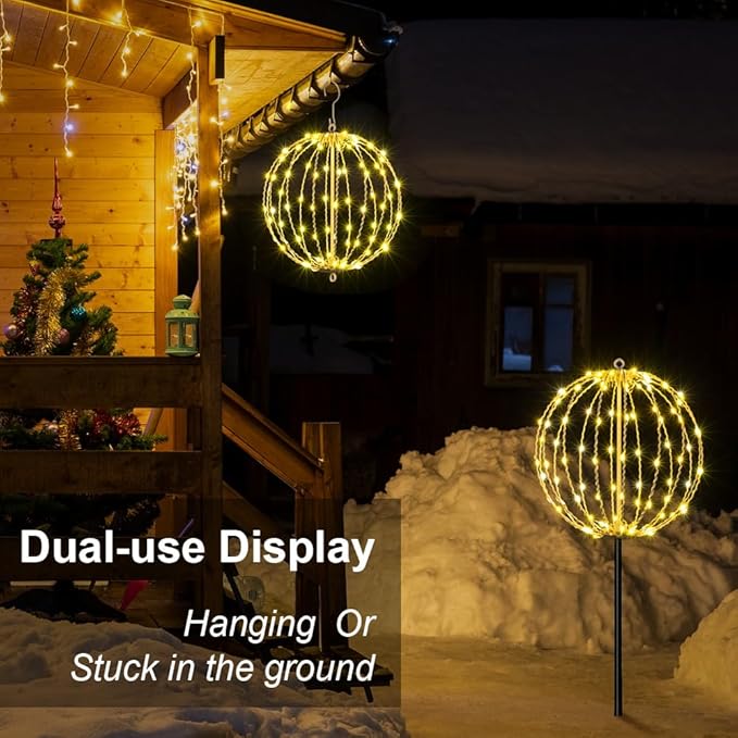 LIGHTSHARE 12IN 96LED Light Ball Yard Decoration Pathway Lights Sphere Light with Fold Flat Metal Frame Indoor Outdoor Waterproof Garden Lights, Plug in