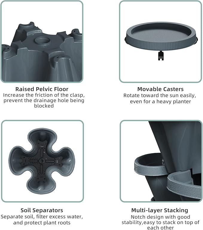 Strawberry Vertical Planters Tower Garden 3 Pack, 7 Tiered Stacking Herb Vegetable Planter with Support Pole Indoor and Outdoor - Dark Grey