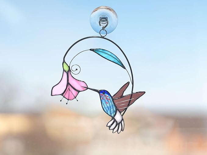 Lolitarcrafts Stained Glass Hummingbird Window Hangings with Flowers, Bird Stained Glass Suncatcher for Window Decor Hummingbird Gifts for Mom,Bird Lovers (Blue with Flower B)