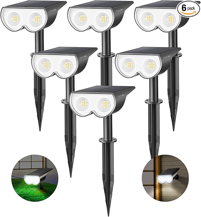 Solar Spot Lights Outdoor, Consciot 16 LEDs IP67 Waterproof Solar Outdoor Lights, Auto On/Off Solar Landscape Spotlights, 2-in-1 Adjustable Wall Lights for Garden Yard Pathway, 6 Pack (Cool White)