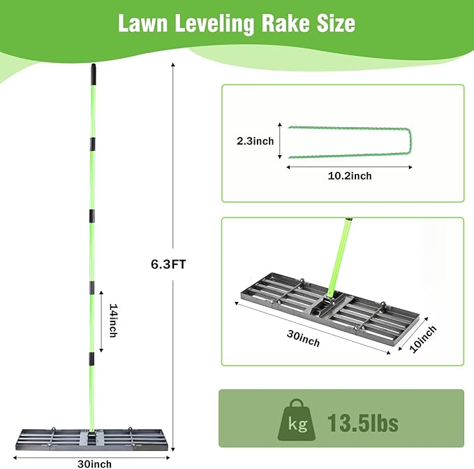Lawn Leveling Rake 30x10 inch,Stainless Steel Lawn Leveler with Green Positioning Stakes,6.3FT Adjustable Long Handle,Heavy Duty Level Lawn Tool for Backyard, Garden, Golf Course, Farm, Pasture