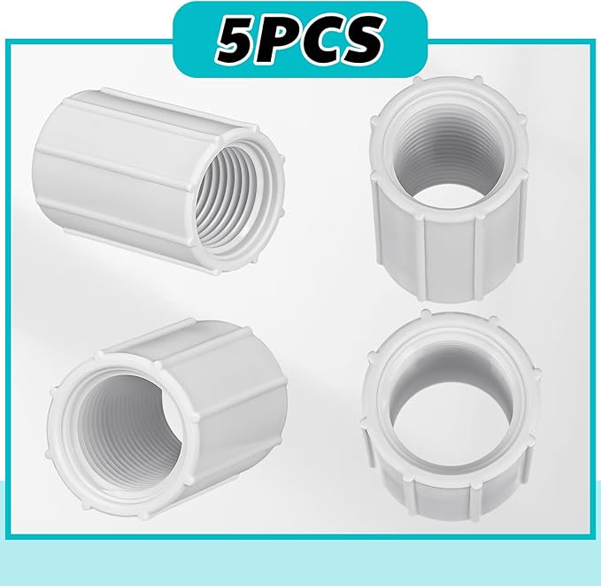 Yahenda 5 Pcs 1/2 Inch PVC Double Female Threaded Coupling Sprinkler Pipe Fitting Female Thread Pipe Fitting Garden Drip Irrigation System PVC Npt Coupler for Irrigation Tube Riser Extension (White)