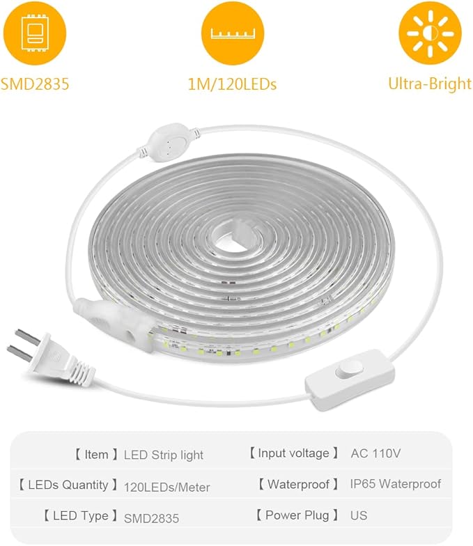 Outdoor LED Rope Light Waterproof, AC 110V,1800LEDs,3500k LED Strip Lights 15M/49.2ft Fexible LED Tape Light for Garden, Patio, Indoor Outdoor Decoration