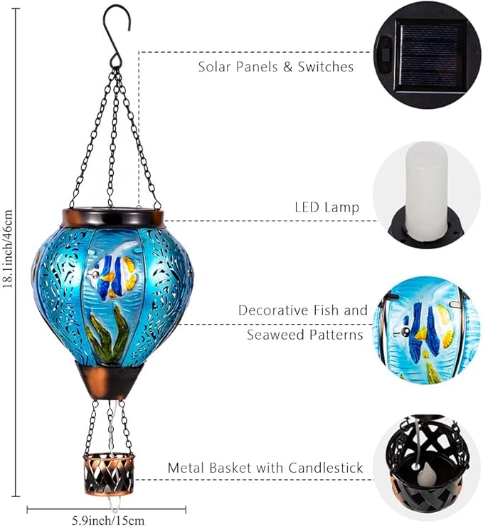 Blue Fish Hot Air Balloon Solar Lantern with Flickering Flame Hanging Solar Lanterns Outdoor Waterproof,LED Metal Hot Air Balloon Lights for Patio Yard Garden Decor,Mother Day Gifts for Women