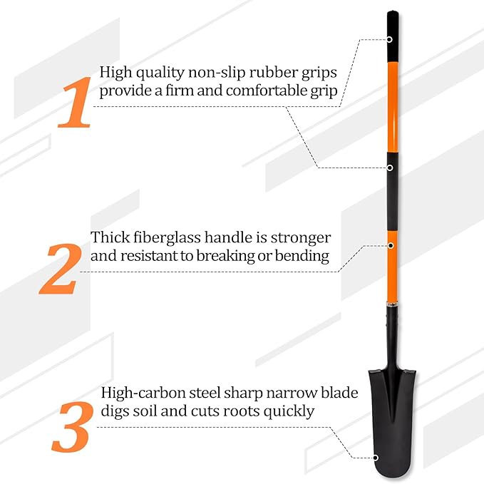 Shovel for Digging, Heavy Duty Shovel with Fiberglass Handle, Metal Shovel for Gardening, 58 Inches