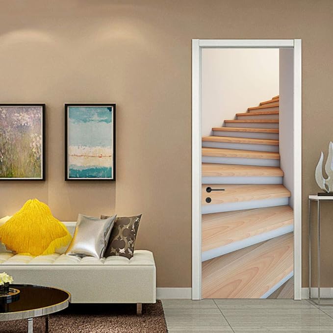 3D Door Stickers Murals - Stairs - Peel & Stick - Waterproof & Washable - Matt Finish - Modern Style - White - 37.4" x 82.7"
