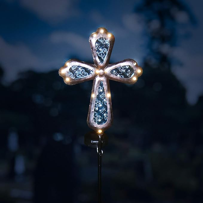 KAIXOXIN Solar Power Cross Stake Warm White Color Florals Solar Lights Garden Decor Memorial Gift Cemetery Decoration LED Outdoor Landscape Light