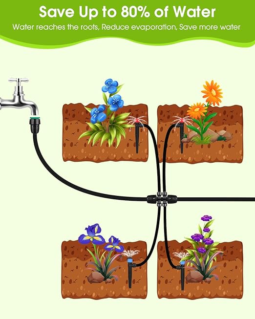 Drip Irrigation System Kit - Garden Watering System with 16FT 1/2'' & 79FT 1/4" Irrigation Tubing Parts - Automatic Irrigation Sprinkler Equipment for Raised Beds, Plants, Garden, Lawn, Greenhouse
