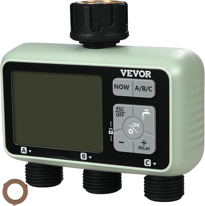 VEVOR Water Timer, 3 Outlets, Hose Watering Sprinkler Timer, with 3 Independent Watering Zone LCD Display Rain Delay Mode Manual Mode 360° Brass Inlet Metal Filter, IPX6 Waterproof for Yard Watering