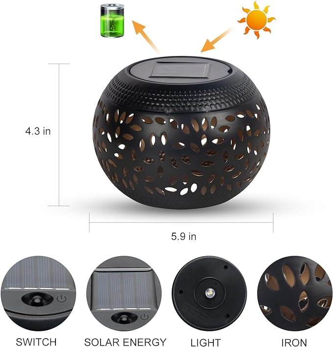 Solar Table Light Outdoor Waterproof- Solar Powered LED Lamp Hollowed-Out Black Metal Desktop Decorative Lantern for Indoor Desk Bedroom Patio Garden Pathway Yard