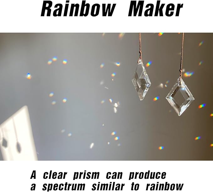 2PCS Clear Rhombus Crystal Sun Catcher Prisms, STINO Hanging Suncatchers with Glass Prism, Rainbow Maker for Windows, Balcony, Kitchen, Garden Decoration (1, Rhombus Clear 2Pcs)