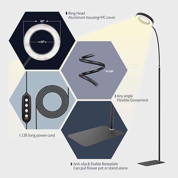 GLOWRIUM Indoor Grow Light, 20 Watt Full Spectrum LED Plant Growth Light with Stand, Adjustable Height with Timer 3/9/12 hrs, Black LED Plant Lamp