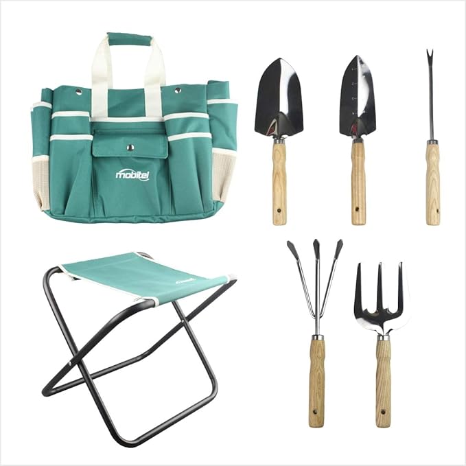 Garden Tools Sets- Heavy Duty Gardening Gift Tool Kit Including Folding Stool with Tool Bag 5 Sturdy Stainless Steel Tools(Gardening Trowel Trans-Planter Weeder & Rake) for Women Men