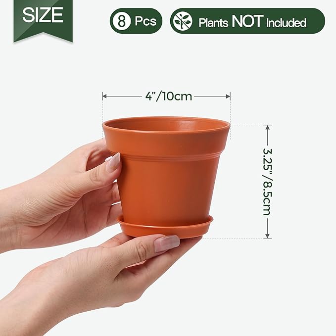 T4U 4 Inch Plant Pots 18-Pack - Small Plastic Planter with Drainage Hole and Saucer, Decorative Nursery Flower Pot Bulk for African Violet, Snake Plant, Succulent and All House Plants