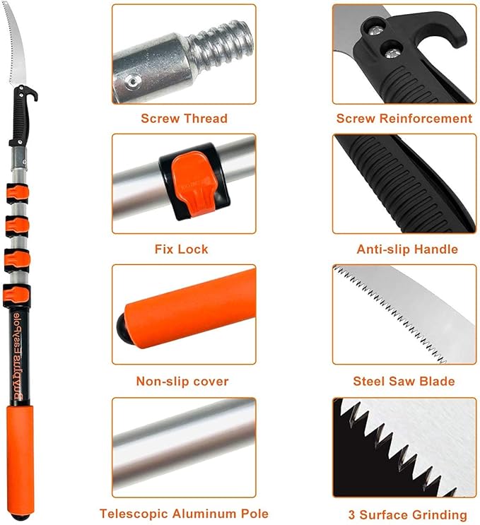 Buyplus 18FT Reach Pole Saws for Tree Trimming, Pole Saw with 3-12FT Telescoping Extension Pole, Pruning Saw with 19" 3X Detachable Saw, Non-Slip Handle, Tree Trimmer for Garden Palms Shrubs
