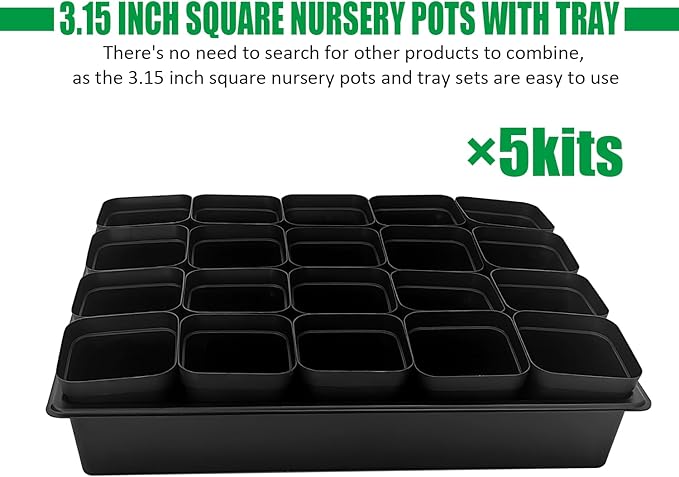 3.15 inch (8CM) Square Nursery Pots 100 pcs, Sturdy Seedlings Trays 5 Pcs, Seeds Starter Germination Tray, Microgreening Planter Nursery Propagation 5 Sets