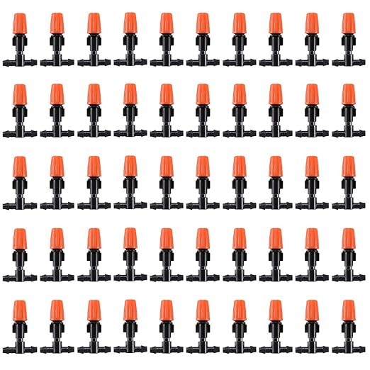 MSDADA 50pcs Micro Spray Adjustable Flow Irrigation Drippers, 1/4 InchGarden Adjustable Sprinkler drip Irrigation Mister Heads with 3 Tee Irrigation Misting Drip Kit