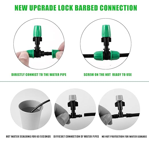 Leak-Proof Drip Irrigation System with 20 Adjustable Nozzles.20 Lock Barbed 6mm to 1/4 Inch Tee, 5 Lock Barbed End Plugs for Greenhouse Lawn Raised Bed (Drip Irrigation Nozzle kit)