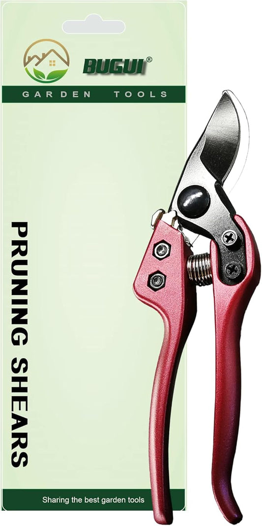 BUGUI 8" Heavy-Duty Pruning Shears, Professional Bypass Gardening Scissors, 1" Cutting Capacity, Sharp Garden Clippers with Low-friction Painted Stainless Steel Blade (Red)