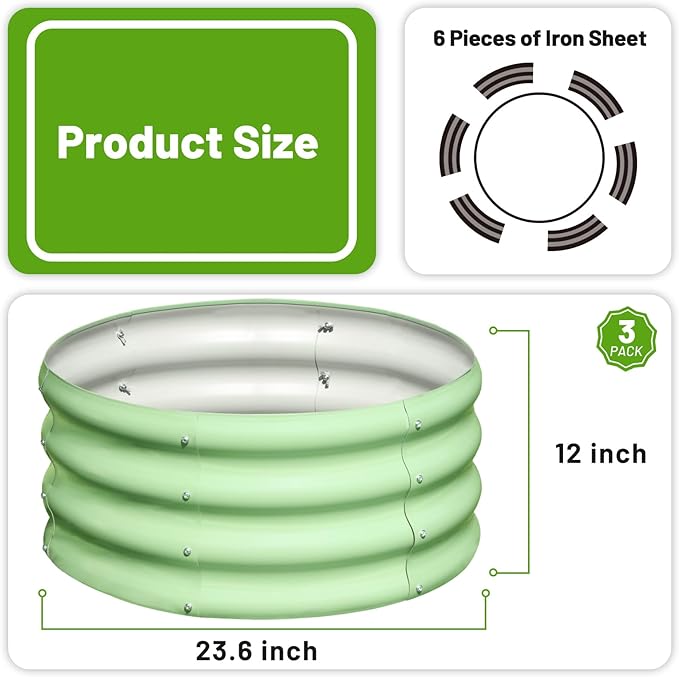 SnugNiture 3 Pcs 2x2x1ft Round Galvanized Raised Garden Bed Kit Outdoor, Metal Planter Box for Planting Plants Vegetables, Green