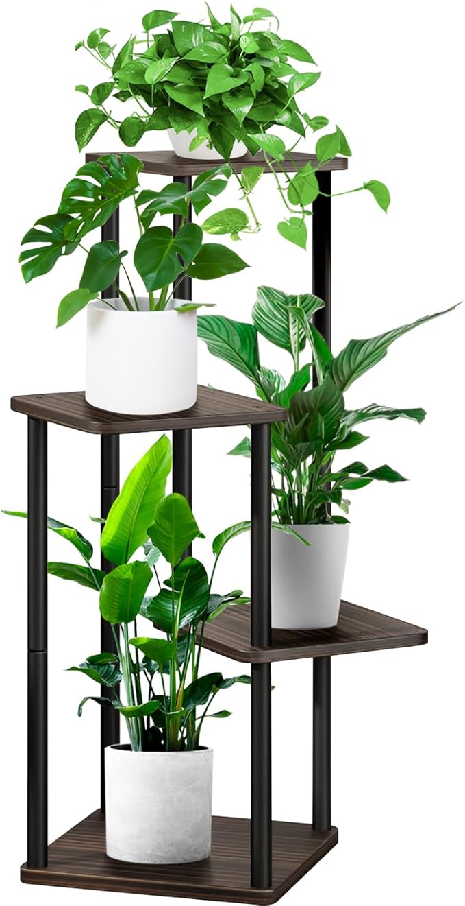 4 Tier Wood Tall Plant Stand Metal Rack Indoor, Multiple Flower Pot Holder Shelves Corner Rack, Planter Shelf Display Rack Storage Organizer for Patio Living Room Balcony Garden(Black Oak)